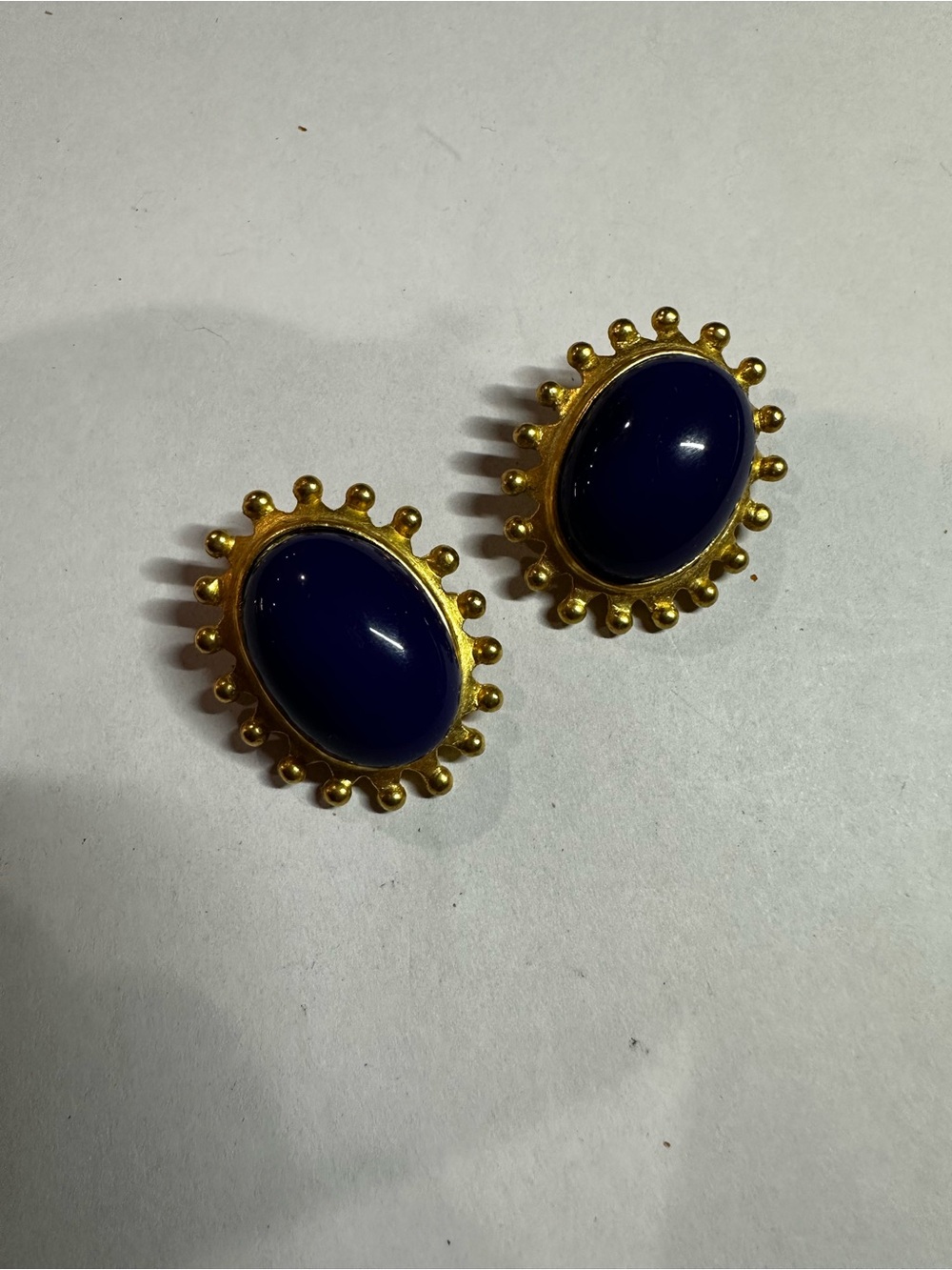 Vintage C Stein Cobalt Blue Glass Cabochon Gold Tone Sunburst Clip Earrings